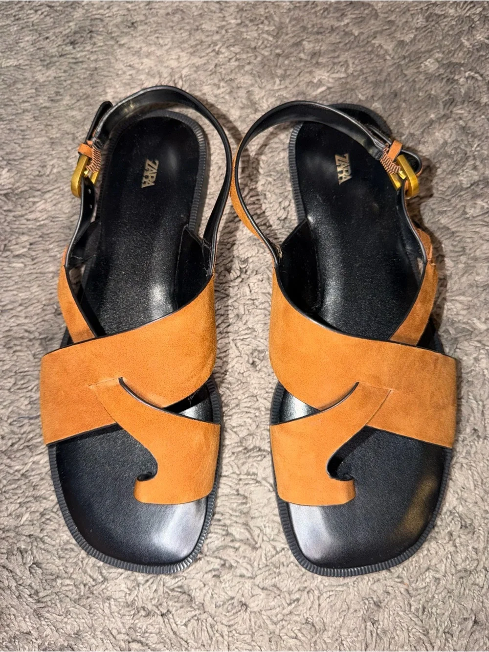 ZARA Burnt Orange Suede Cross-Strap Slide Sandals with Black Footbed